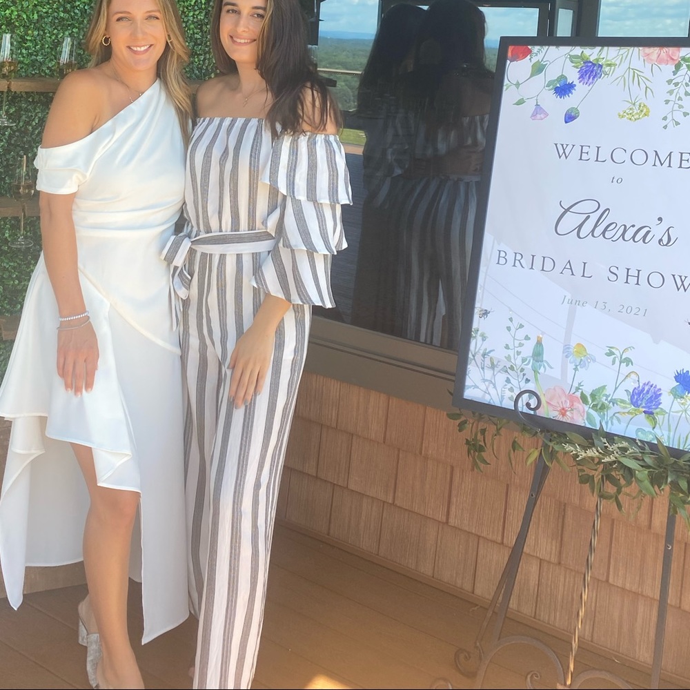 Flying Tomato white and black striped off the shoulder jumpsuit